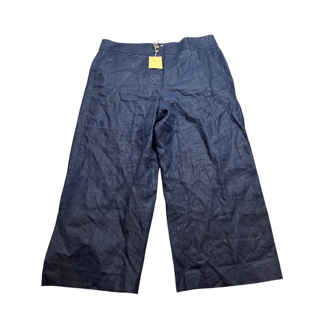 NWT Boden Womens 100% Linen Wide Leg Pants US‎ 14R Navy High Rise Crop Trousers